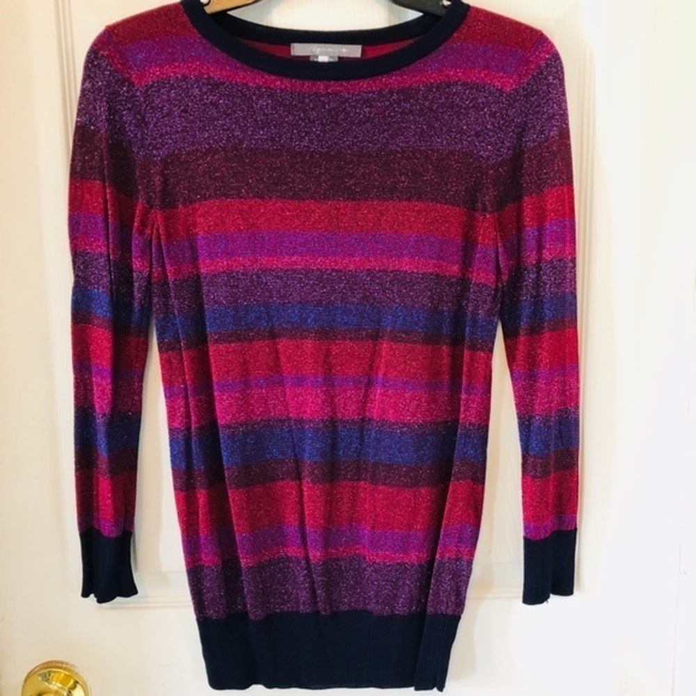 TEGAN Sparkly pink & red sweater knit striped shirt size XS
